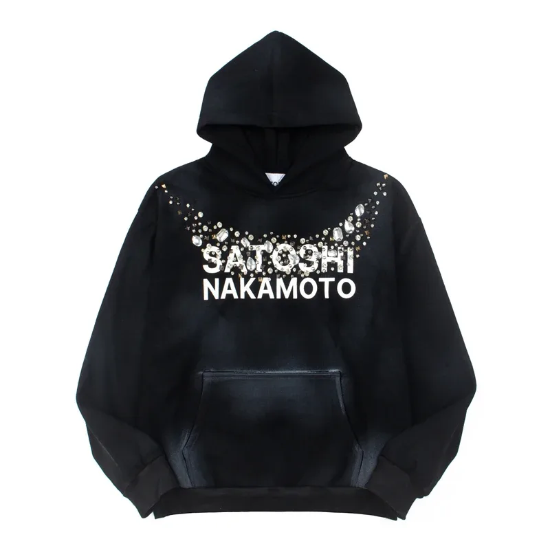 Hoodies Pullover 26ss Vintage Embroidery Leather Pattern Glittering Diamond Print Men's Hooded Hip Hop Style Sweatshirts