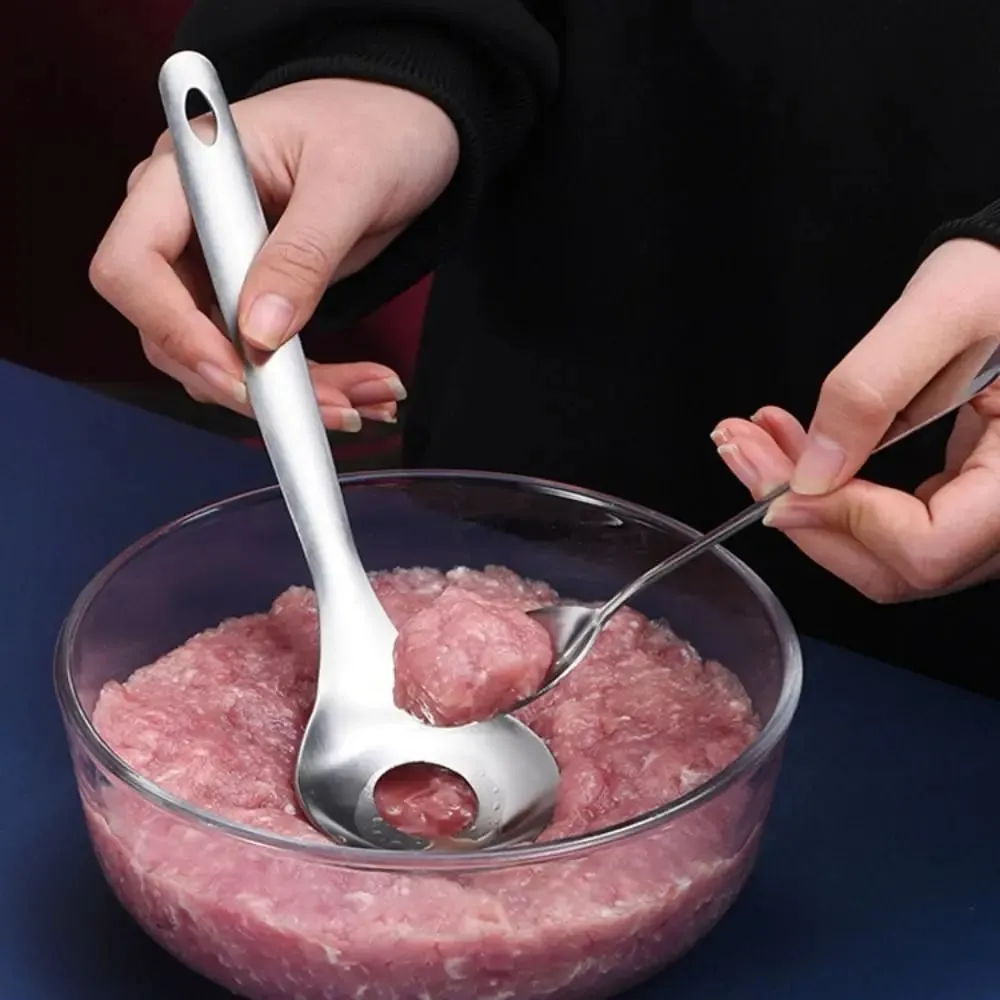 Stainless Steel Croquettes Meatball Spoon Mold Non-stick with Round Hole Meatball Maker Spoon Hangable Meat Press Tools
