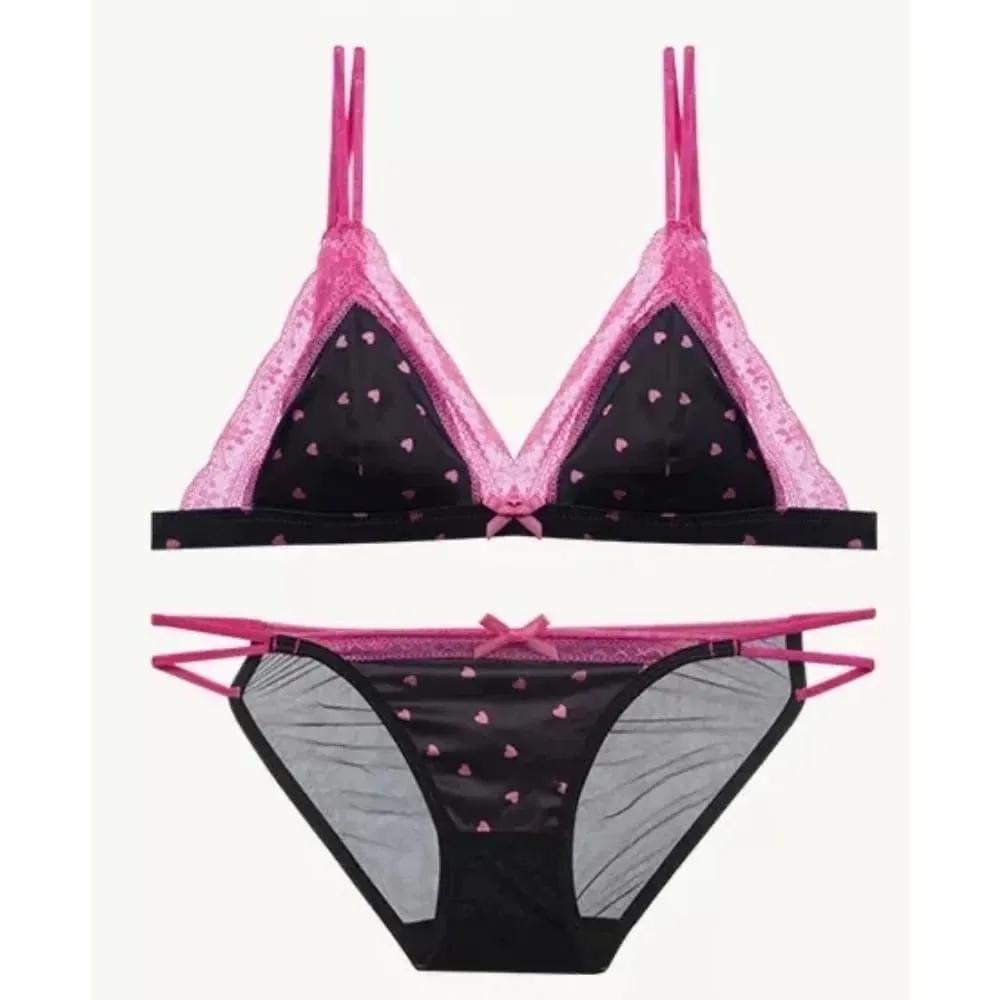 Elegant French Sweet Satin Lace Triangle Bra Pure Sexy Coquette Look Wirefree Small Bust Gathered Effect Thin Cup Bow Lingerie