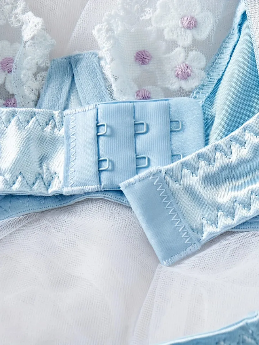 2 Piece Blue Satin Sexy Lingerie Set Women French Coquette Floral Embroidery Sheer Mesh Underwire No Padding Push Up Bra Thong