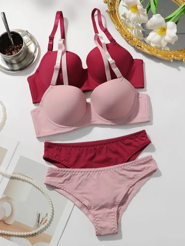 Conjunto de sutiã acolchoado com armação feminina, 2 pacotes, sutiã push up sólido com calcinha combinando, lingerie sexy e confortável para o dia a dia