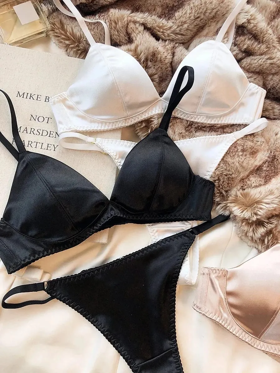 Summer Women Underwear Set Silken Triangle Cup Wireless Bras French Bralette Seamless Intimates Bra and Thong Lingerie Set