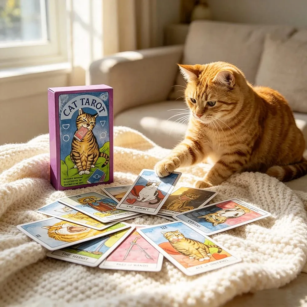 Cat Tarot Cards 78‑Pcs Cute Cat Design Tarot Cards Set Fortune‑Telling Divination Tarot Deck for Beginners and Cat Lovers