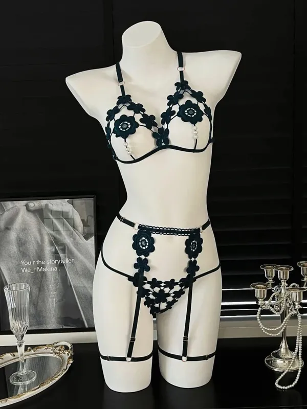 3Pcs/Set Pearl Sexy Bra Set Women Bralette Girls Pearl Underwear Thong Erotic Open Sleepwear Transparent Bras Lingerie Sets