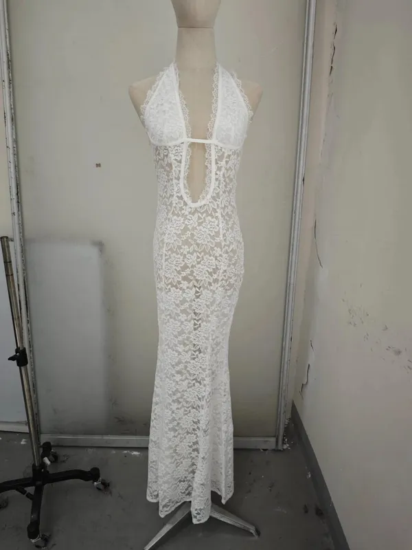 Women Sexy V-neck Satin Sling Maxi Dresses Chic White Lace Patchwork Sleeveless Backless Slim Gowns Summer Evening Party Dress