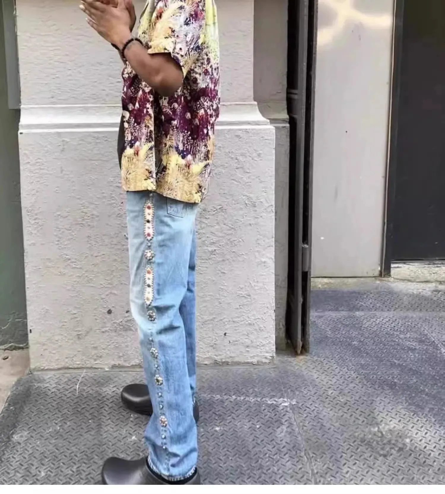 Hirata and Hiroshi 24SS Classic Rivet Set Diamond Vintage Jeans Casual Cowboy Gemstone Craft Men Pants