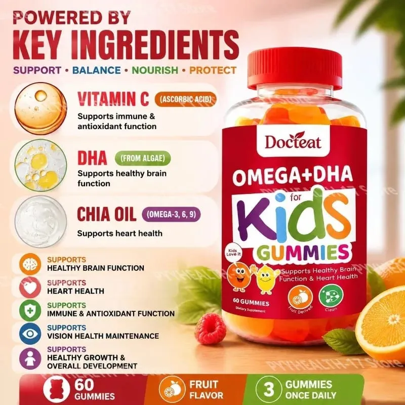 Docteat Omega+DHA Kids Gummies with DHA From Algae Vitamin C and Chia Oil Omega-3 6 9 for Brain & Vision Support 60 Gummies