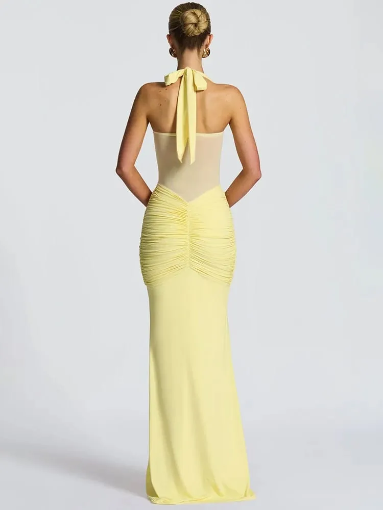 Mozision Halter, hát nélküli szexi maxi ruha női divatos patchwork, váll nélkül, ujjatlan, rovátkolt, drappos Bodycon klubruha