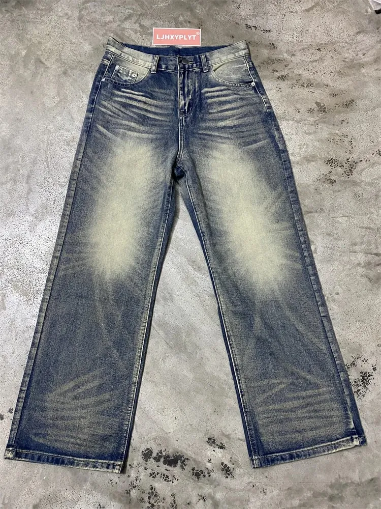 Men's Wide Leg Jeans Baggy Denim Pants Y2K Vintage Streetwear Loose Straight Casual Trousers