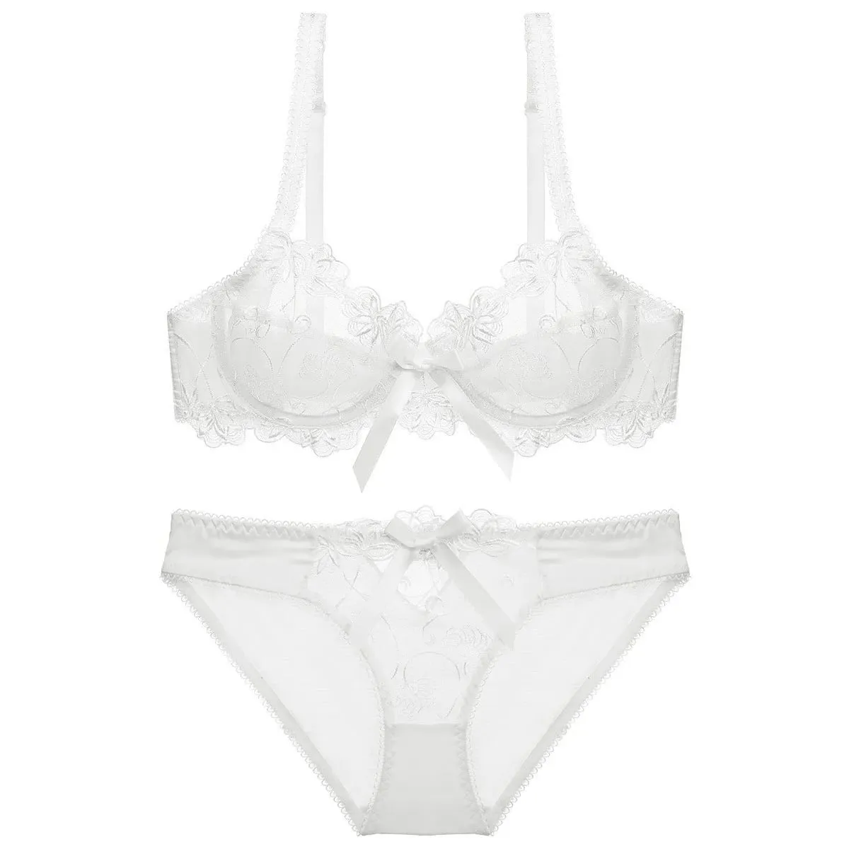 Lace Push Up Bra Set Breathable PantiesThin Mesh Cup Transparent Behalf Lingerie Bow Embroidery Flora Soutien Gorge