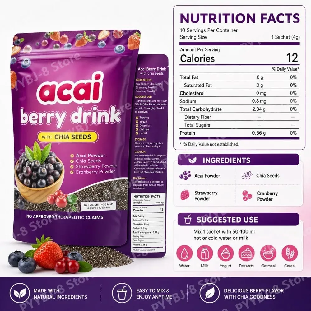 Acai Berry Drink Powder 10packs Per Bag with Chia Seeds and 7 Types of Berry Powders Improve Skin Condition & Enhance Immunity