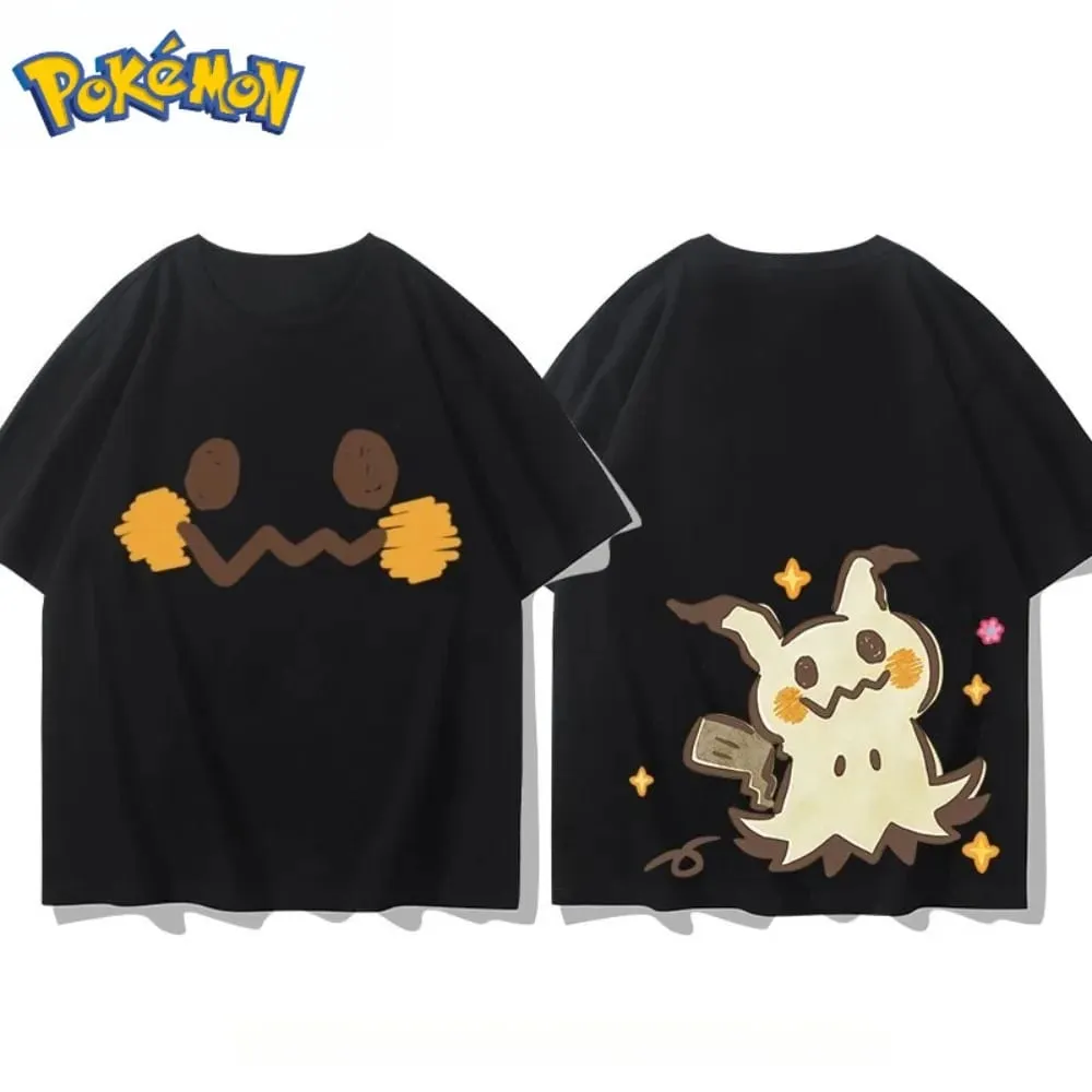 Nieuwe Pokémon Mimikyu voor- en achterkant bedrukt T-shirt voor heren en dames zomer nieuwe losse casual veelzijdige top met korte mouwen