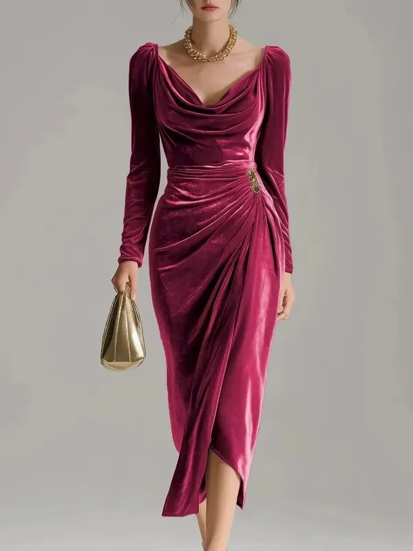 2025 Women's European & American Fashion Leisure Velvet Sexy New Long-sleeved Slimming Pleated Long A-line Split Bodycon Dress