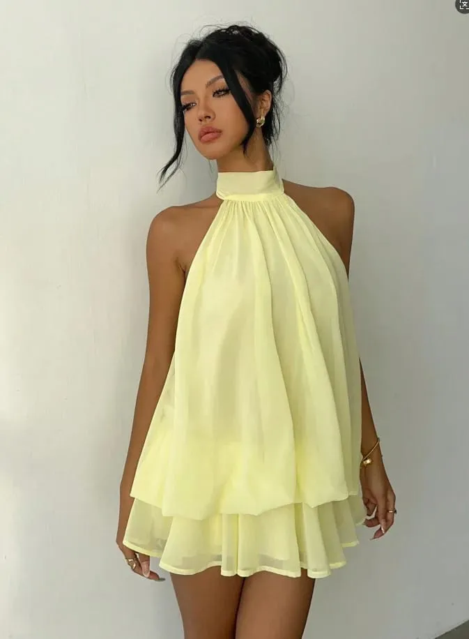 Women's Vacation Slim Fit Fashion Sexy Backless Halter Tie Waist Versatile Solid Color Dress Stylish and Comfortable Summer