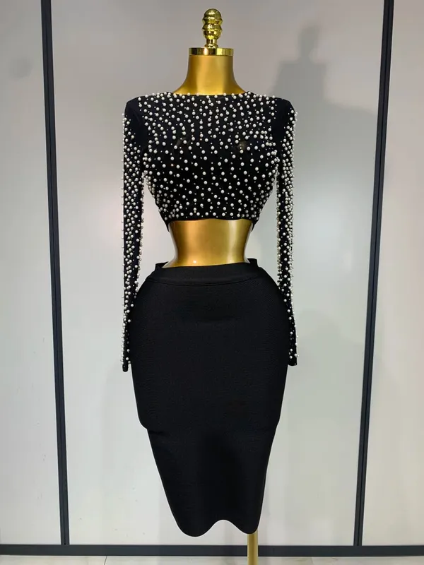 Women Sexy Long Sleeve Mesh Pearl Top Celebrity Midi Women Bandage Set 2025 Designer Evening Party Luxury Birthday Two Piece Set