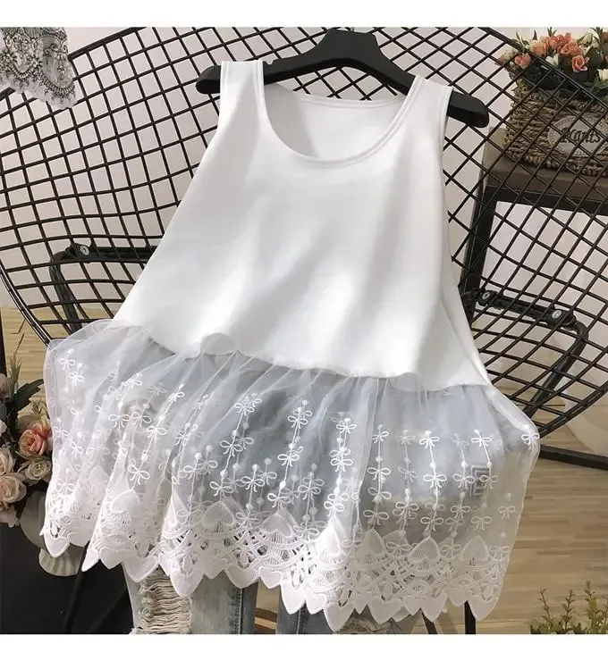 Straat Casual Kant Patchwork Tanks Zomer Nieuwe Mouwloze Effen Kleur Losse Jeugd Wit T-shirt Tops Mode Trend Dameskleding