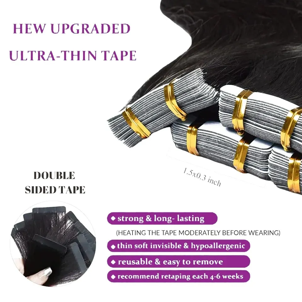 100% Real Vietnamese Human Hair Tape In Hair Extensions Body Wave Extensions Natural Black Invisible Tape on For Woman 26inch