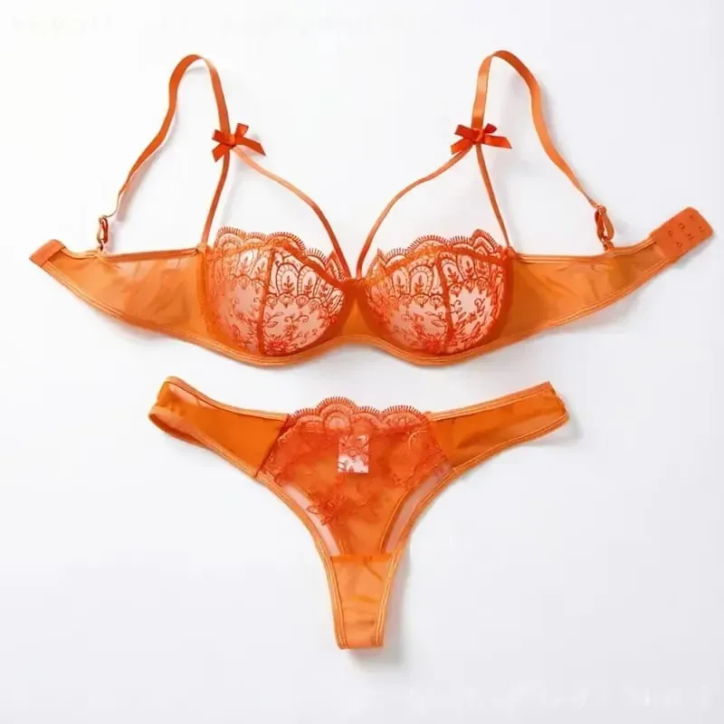 Sexy Orange Lace Lingerie Set Women Push Up Bra and Panty Butterfly Bow Underwear Female Intimates Sleepwear ZA824057