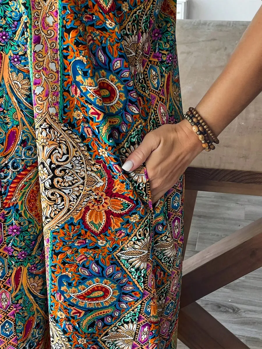 2026 Summer Women Bohemian Paisley Print Spaghetti Strap Maxi Dress Loose Flowy Pocket Long Dress Vintage Ethnic Beach Vacation