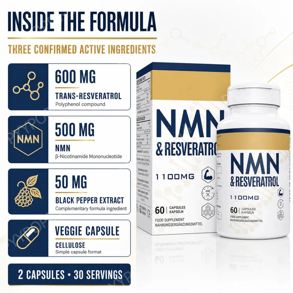 NMN+Resveratrol 60 Capsules Powerful Antioxidant Supplement for Heart Health & Anti-Aging Enhanced with Black Pepper Extract