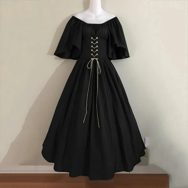 intage Women Dress Short Sleeves Lace-up Patchwork Long Dress Medievals Victoria Princess Cosplay Dresses Retro Party Vestidos