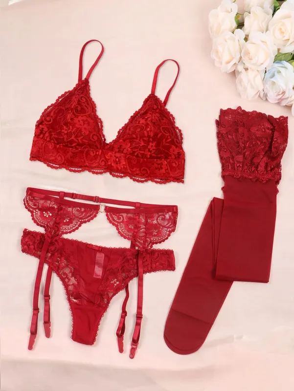 Varsbaby Women Lace Bra Set Non Padded Bra Panty Garter Stockings Summer Underwear Lingerie Sexy