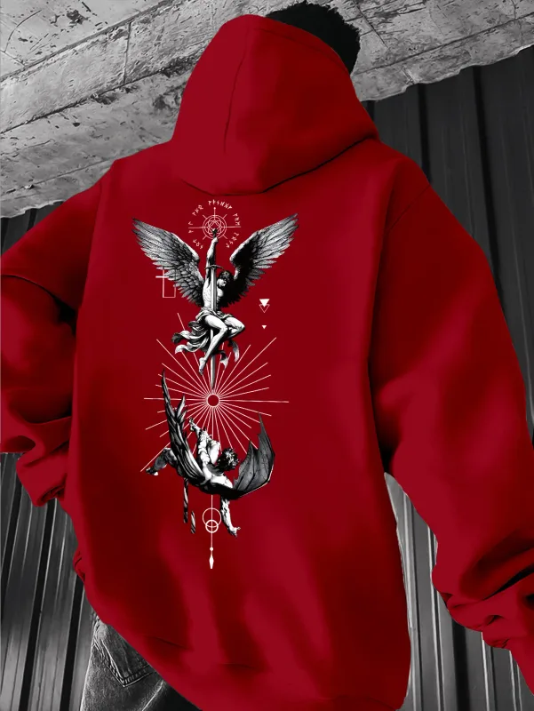 Men's Gothic Angel & Tarot Print Hooded Sweatshirt - Longr Machine /Fall Layering (Tarot Card Design Regular Fit) - Ideal for Themed Events & Casual Attire Featuring Angel & Tarot Motifs Comfortable Knit Fabric and Versatile Streetwear Styl