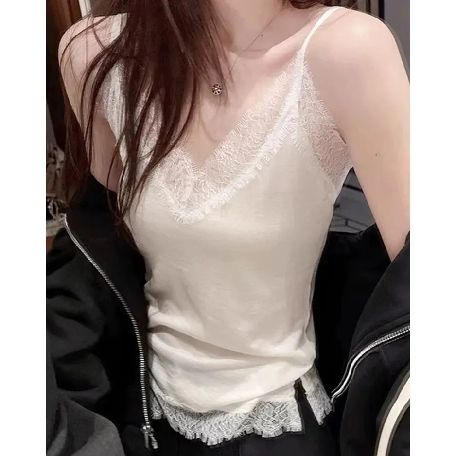 Pure Cotton Lace V-Neck Strap Vest Women's Spring Summer New plus Size Slim Fit Outerwear Inner Match Sleeveless Top