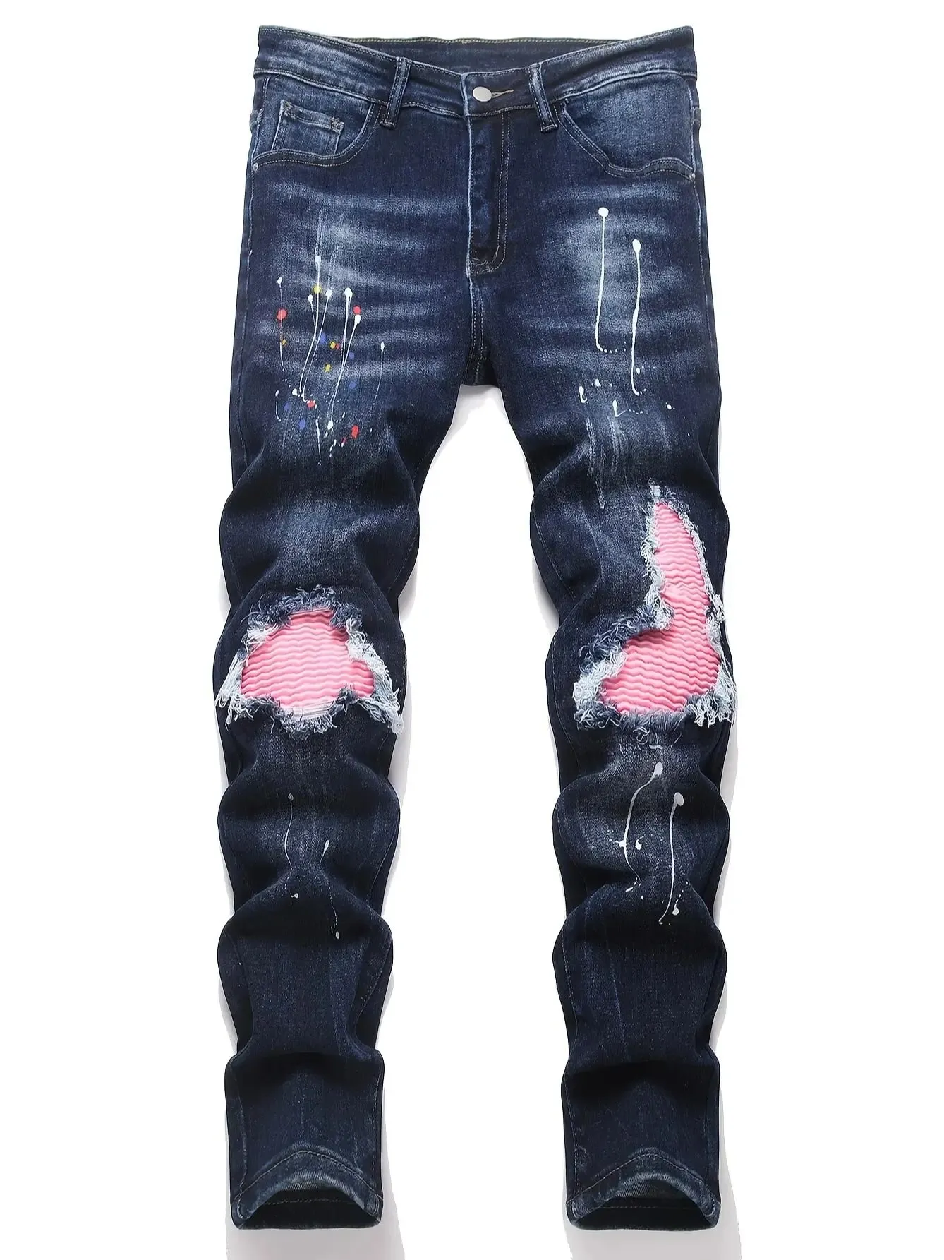 Men Skinny High Stretch Ripped Denim Jeans for Man Casual Pants Slim Fit Biker Trousers Hole Patchwork Paint Splatter Male Jeans
