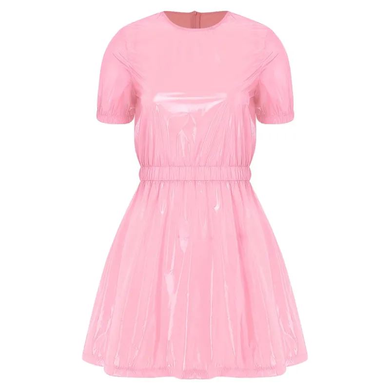 Women Waterproof Vinyl Regency Dress Victorian Party Sleep Dress Puff Short Sleeve Empire Waist Lapel Dress Nightgown Rave Party
