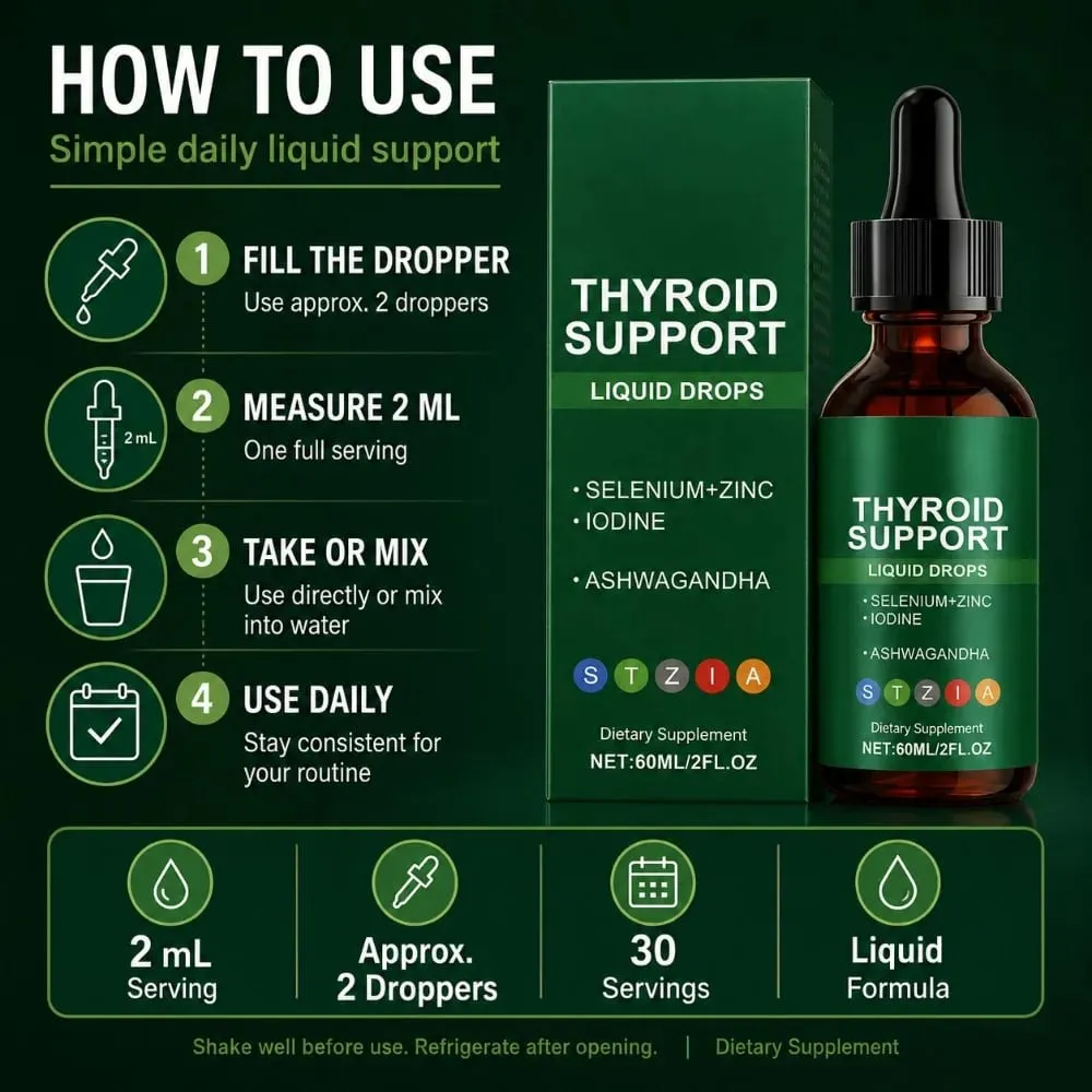 Docteat Thyroid Support Liquid Drops Selenium Zinc Iodine L-Tyrosine Ashwagandha 60ml 30 Servings For Men & Women Daily