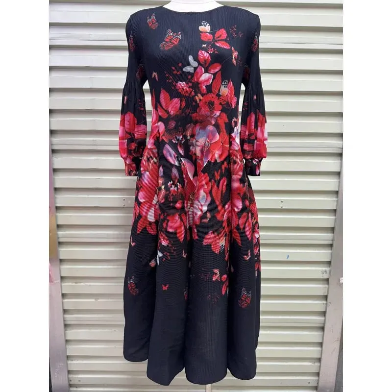 Miyake Plissee Kleider 2026 Herbst Neue Sanfte Französisch Druck Elegante Stretch Plus Größe frauen Langarm Bounce Blume Knospe kleid