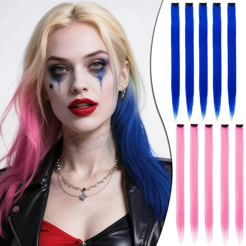 Halloween hair accessory with 5 red and blue hair clips colorful synthetic hair extensions suitable for girl role-playing