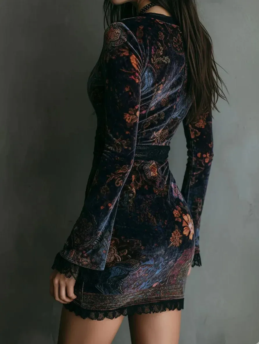 Velvet Flroal Printed Lace Patchwork Slim Mini Dress Long Sleeve Sexy V-neck Gothic Retro Women's Autumn Vintage Dress 2025
