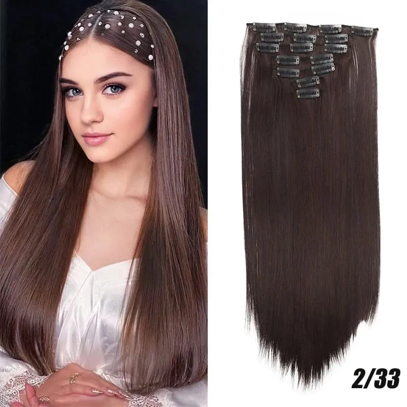 Synthetic 7-piece set with 16 card synthetic straight hair extensions suitable for women's daily party use