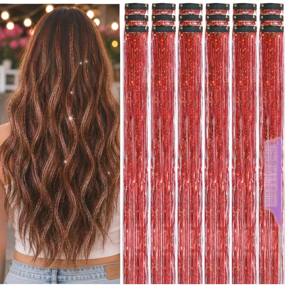 Balení 18 ks Nápadné doplňky do vlasů Rainbow Hair Tinsel Clip in Balíček 22palcových třpytivých pohádkových vlasů pro ženy, dívky
