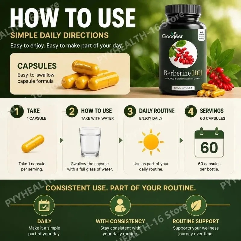 Googeer Berberine HCl Capsules Support Glucose Homeostasis and Steady Energy Plus Immune Support and Gut Health 60 Capsules