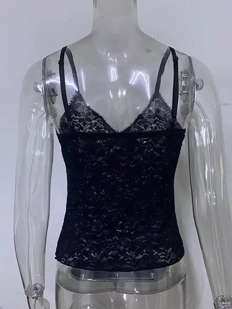 Black See through Lace Cami Crop Top Women's Summer Y2K Sleeveless V-Neck Sexy Tank Aesthetic 2000s Gothic Tee