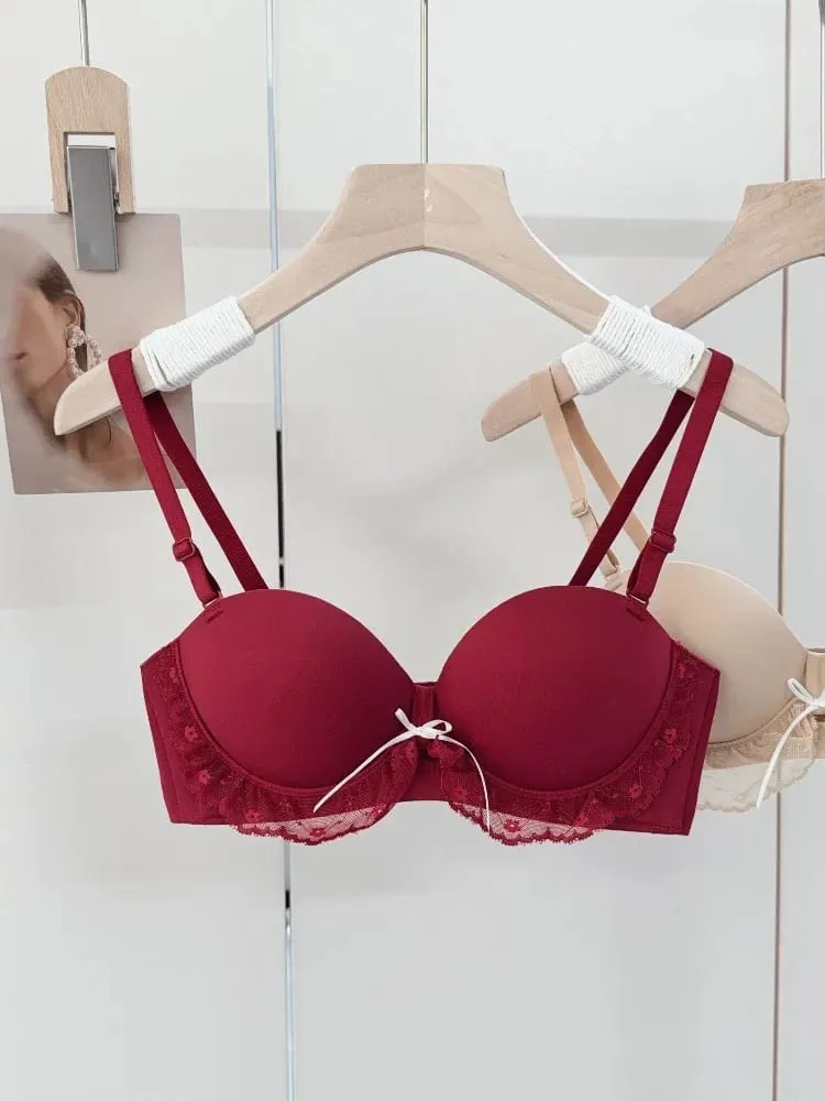 Set Bra Renda Separuh Piala Merah untuk Dada Kecil Sokongan Boleh Laras Anti-Kendur Tekan Ke Atas Set Pakaian Dalam Seksi Hadiah Hari Lahir Wanita — image 5