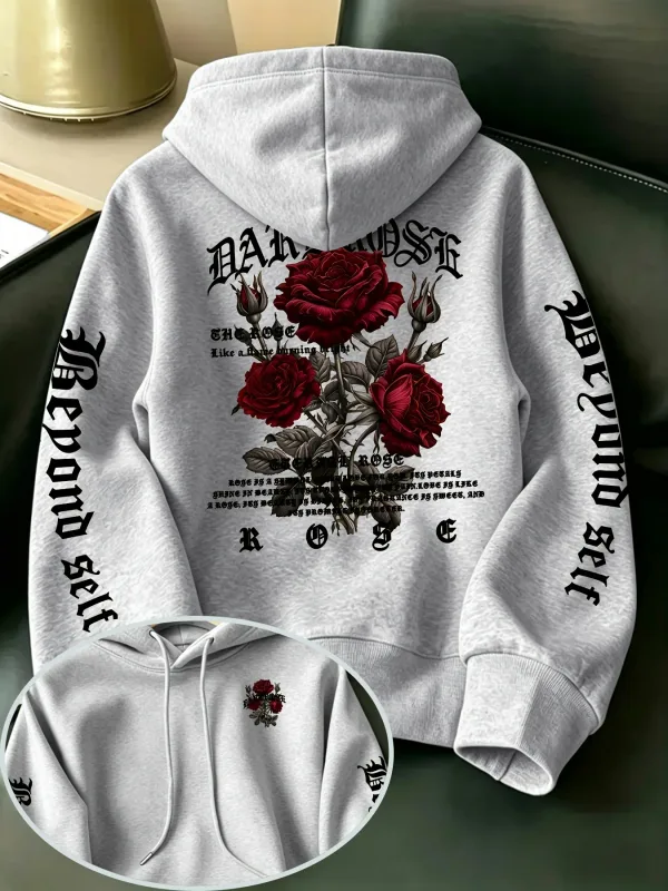 Men's Gothic Rose Hoodie Dark Red Rose Letter Graphic Back Sleeve Print Vintage Oversized Pullover Sweatshirt Streetwear Autumn
