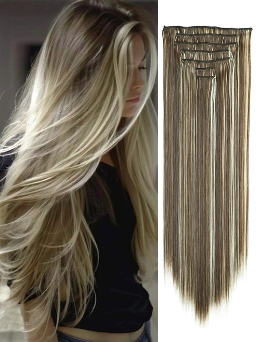 Clip in Hair Extensions 22 Inch Brown Mix Blonde Long Hair Extensions Clip Ins 7PCS Soft Synthetic Hairpieces for Women