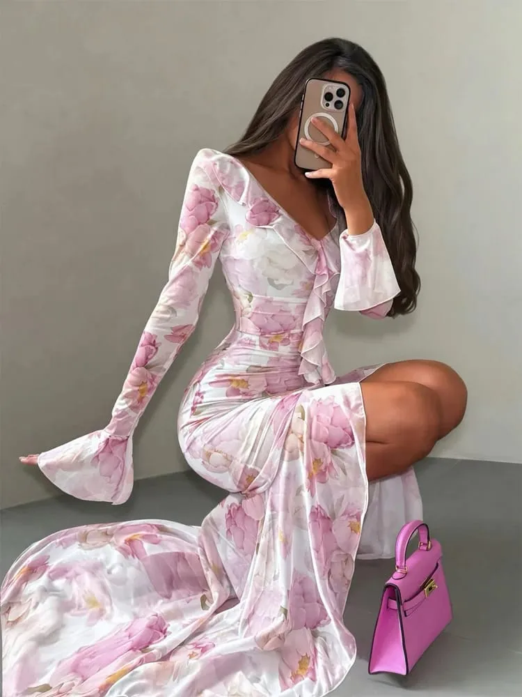 Women Pink Floral Print Maxi Dress Elegant V Neck Ruffle Trim Flare Sleeve Ruched High Chiffon Dresses 2026 Lady Party Vestido