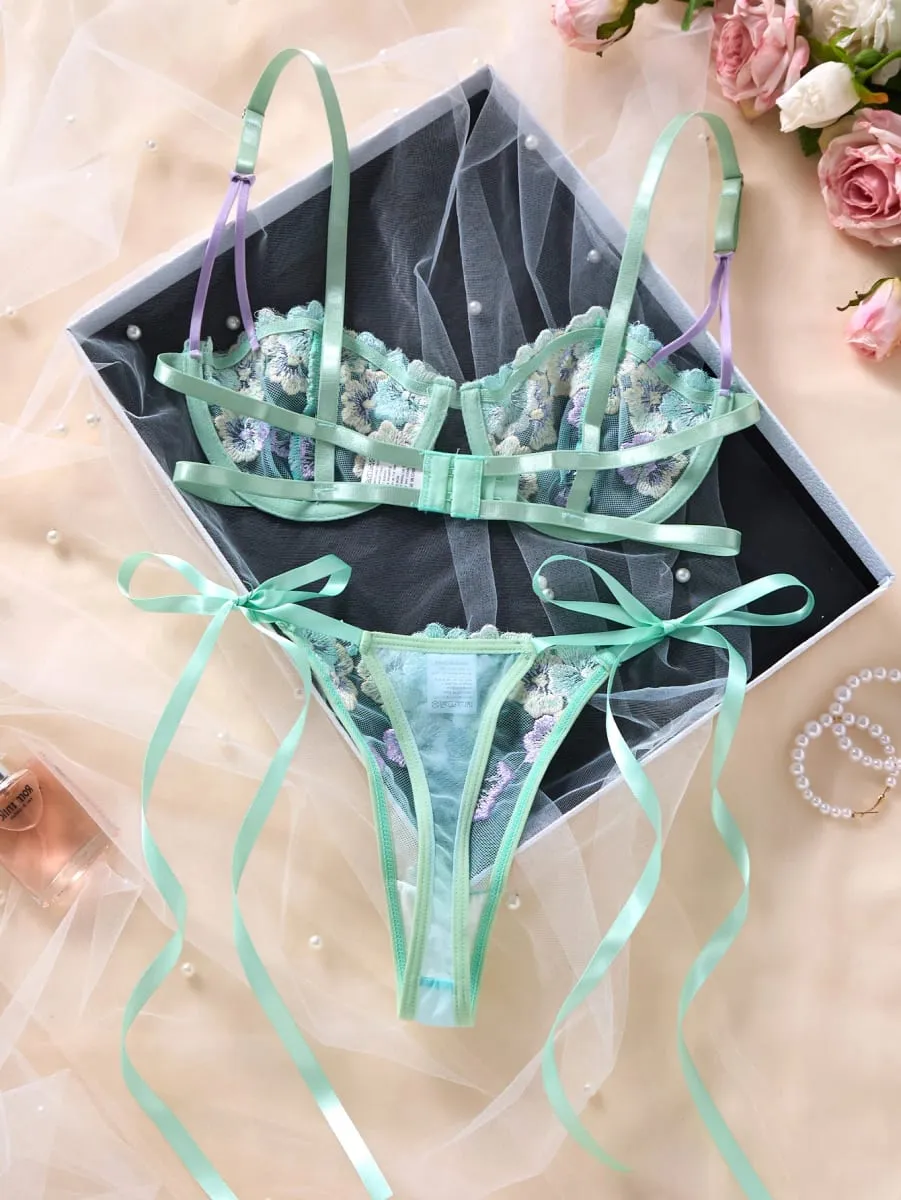 Women Sweet Flower Embroidered Lace Bra Set With Underwire Transparent Mesh Side Bow Panties Romantic Lingerie S-XL Sizes