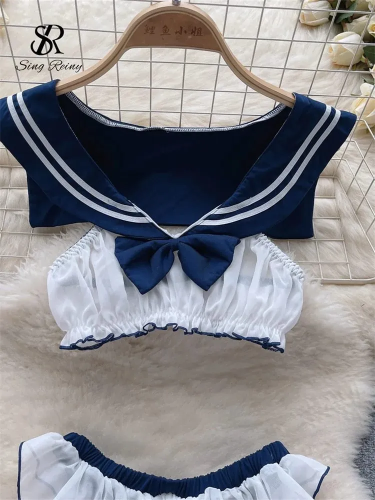Bow Sheer Japan Style Erotiska kostymer Damunderkläder Marinblå krage Ärmlösa toppar+chiffongtrosor Söta sexiga underkläder