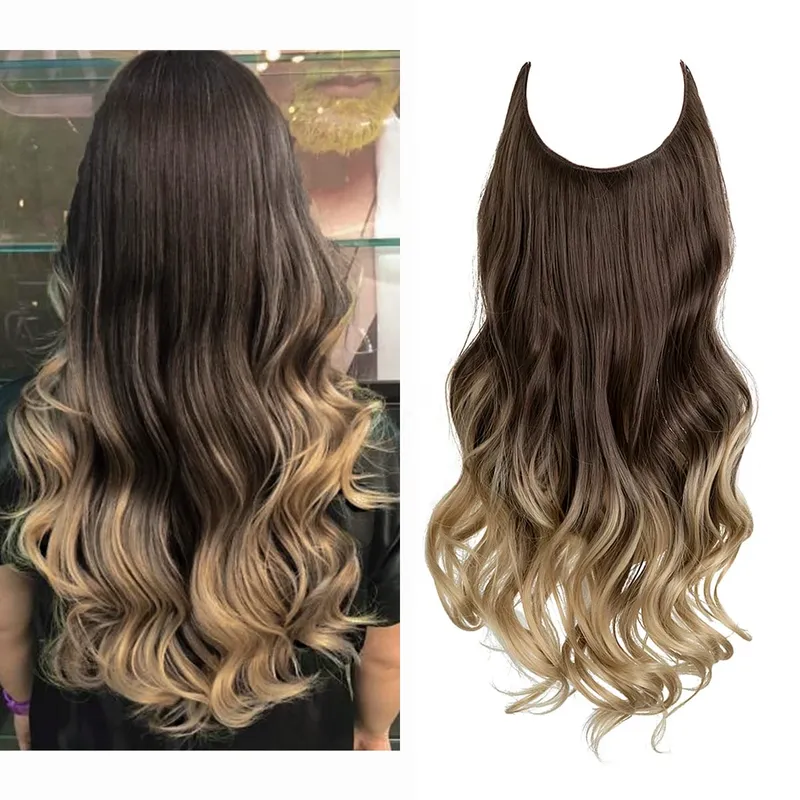 Sintético sem clipes na extensão do cabelo natural ombre preto loiro rosa uma peça onda longa fio invisível falso pedaço de cabelo