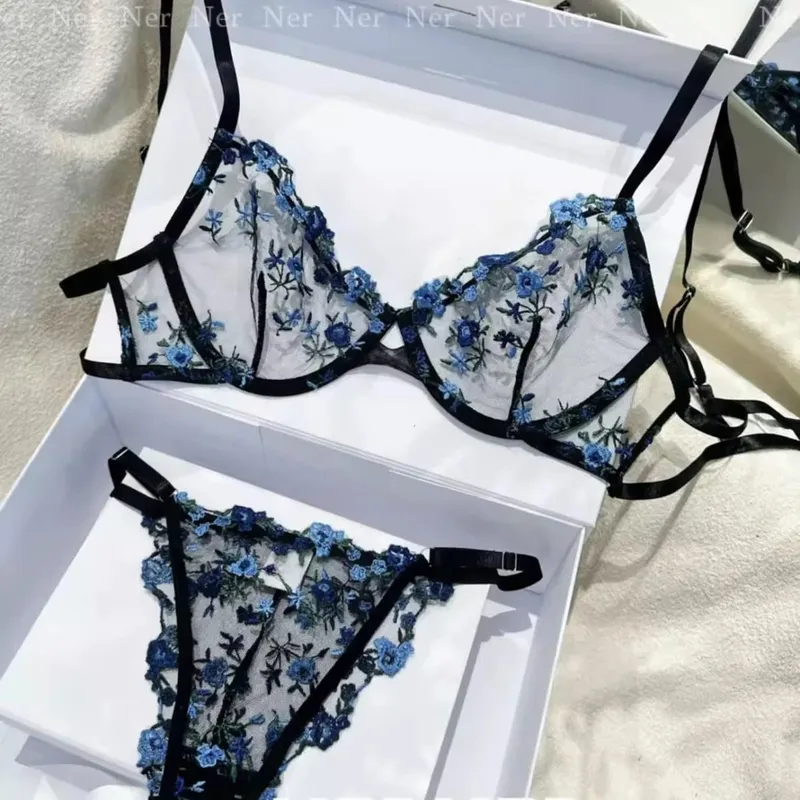 French Floral Bra Set Women | Sweet Sexy Sheer Mesh Lace Transparent Underwear Set | Practical & Feminine MOYISU Sexy Panty Set