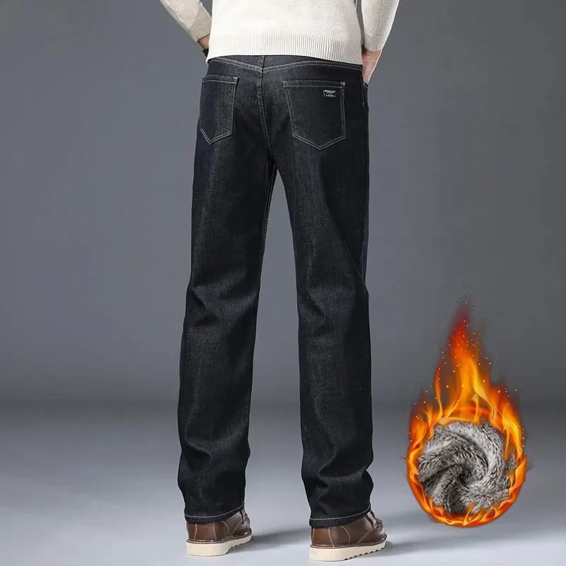 Pantalones vaqueros gruesos con forro polar para hombre, pantalones vaqueros ajustados elásticos cálidos de invierno, pantalones cómodos y suaves para ropa de trabajo diaria