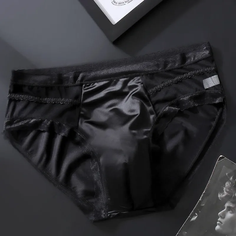 Men's Sexy Lace Thin Seamless Ice Silk Briefs Underwear 3D Bulge Pouch Panties U Convex Sexy Underwear Ice Silk Lace Thin