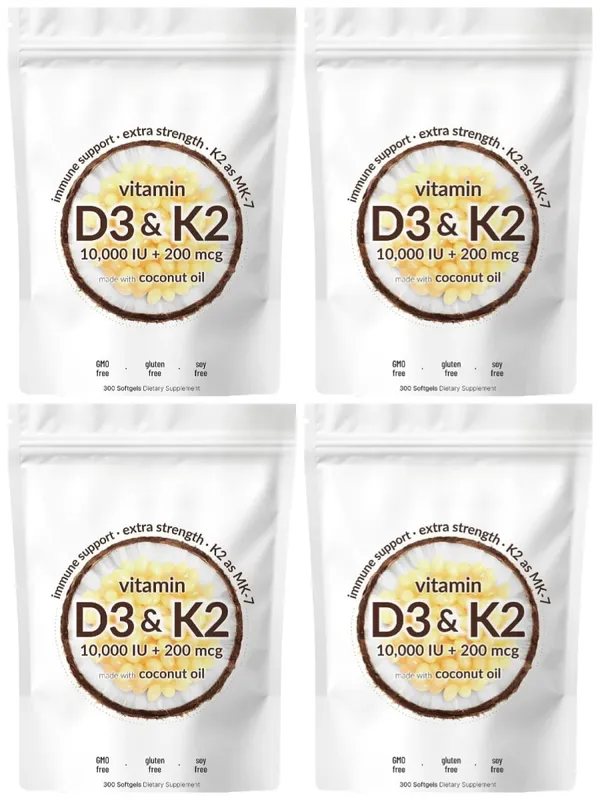 Vitamin D3 K2 Softgels with MK-7 10000 IU Vitamin D3 200mcg K2 Soy Free Gluten Free Daily Nutrition Supplement 300 Softgels