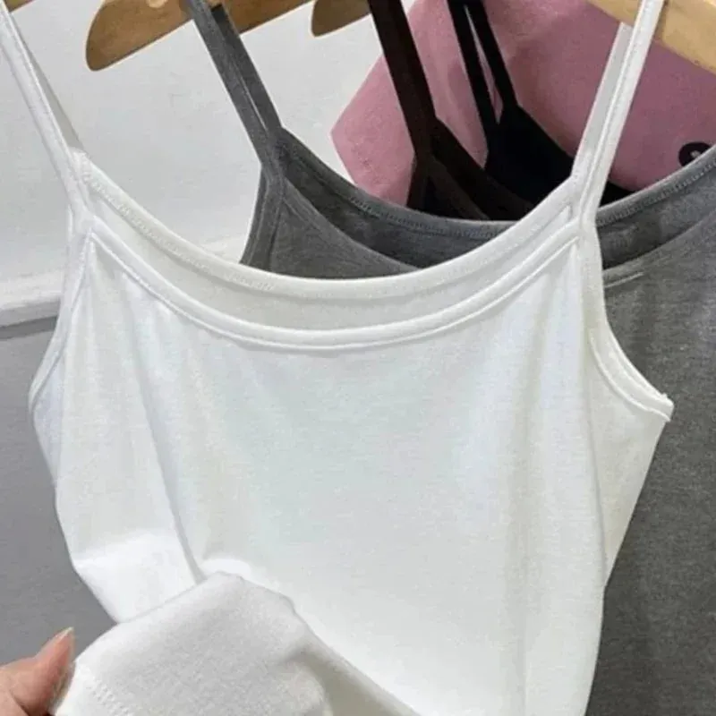 Women's Solid Color Spaghetti Straps Sleeveless Slim Camisole with Chest Pad Cotton Summer Wear Outside Female Short Tops Vests